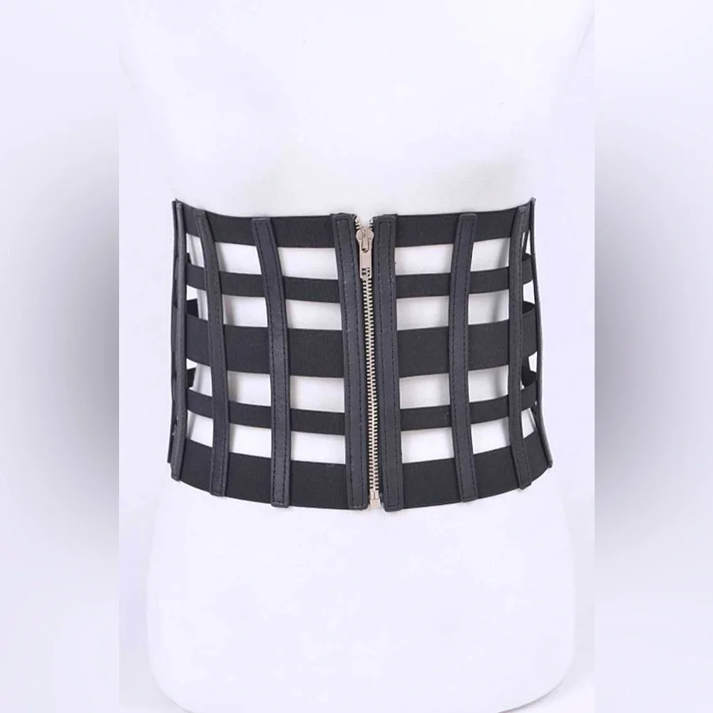 Black Vegan Leather Cage Zip Up Corset Statement Belt